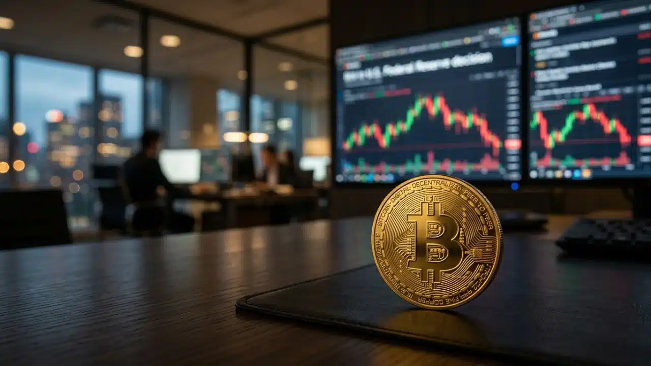 Close-up de uma moeda dourada de Bitcoin (BTC) em pé sobre um mousepad de couro preto em uma mesa de escritório escura. Ao fundo, dois monitores exibem gráficos de candlesticks verdes e vermelhos sob o título "U.S. Federal Reserve decision". No ambiente desfocado, vê-se um escritório moderno com janelas de vidro e luzes da cidade ao anoitecer.