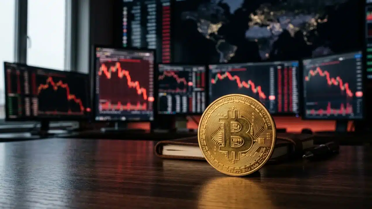 Close-up de uma moeda dourada de Bitcoin (BTC) em pé sobre uma mesa de madeira escura em um escritório de trading. Ao fundo, quatro monitores exibem gráficos de candlesticks em queda acentuada com luzes vermelhas. Em um dos monitores, vê-se um mapa-múndi digital. O ambiente é sombrio, focado na iluminação das telas, com uma janela ao fundo mostrando luz natural difusa.