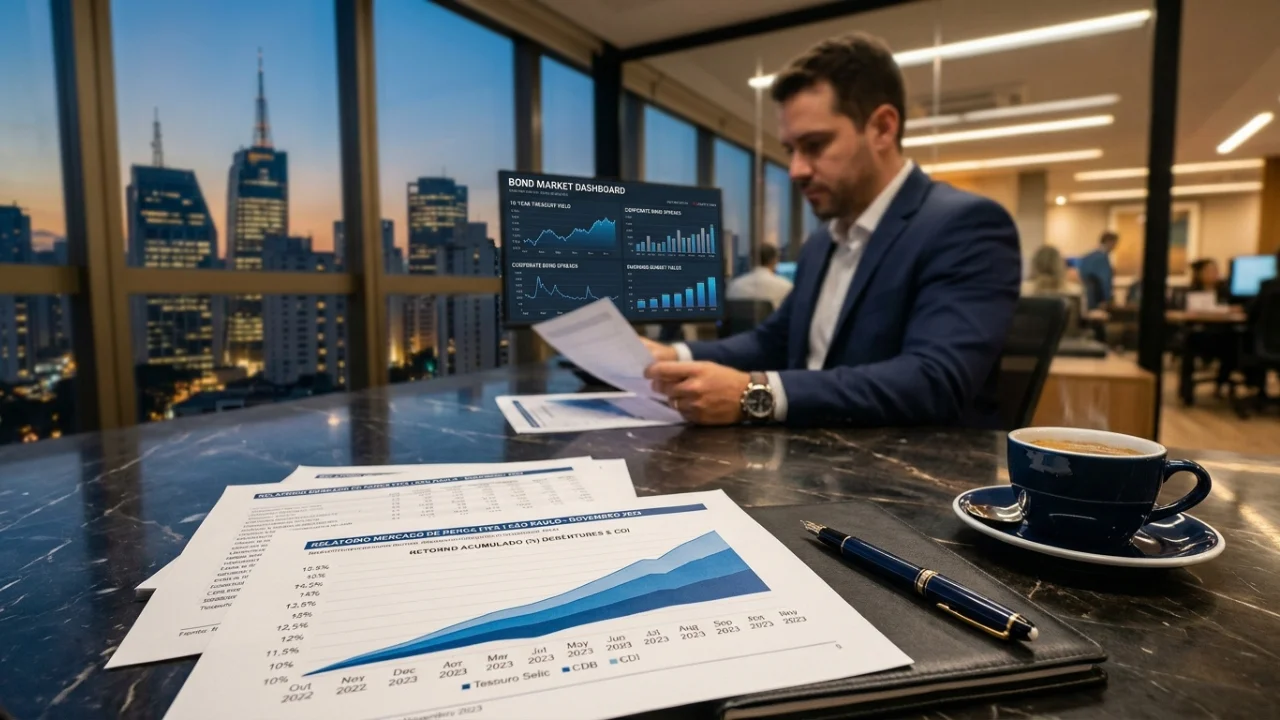 Em um escritório de alto padrão com vista para o skyline iluminado de São Paulo ao entardecer, um analista financeiro em traje social revisa relatórios impressos com gráficos de área em tons de azul. Sobre a mesa de mármore escuro, há uma xícara de café, uma caneta de luxo e um monitor exibindo um "Bond Market Dashboard" com rendimentos de títulos e spreads de crédito.