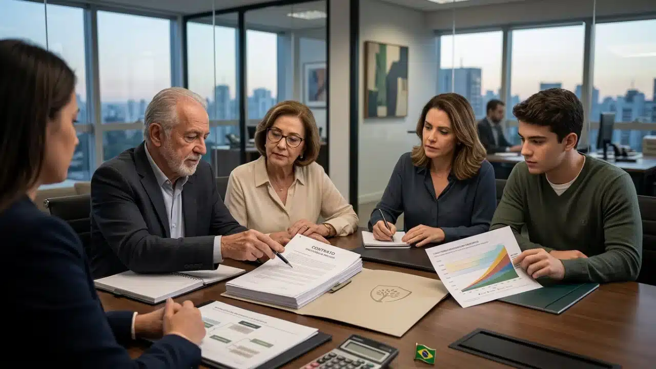 Uma família (casal e filho jovem) sentada à mesa em um ambiente corporativo elegante, analisando documentos financeiros com atenção. Sobre a mesa, há um notebook exibindo gráficos de barras, pastas de contratos e um tablet com o ícone de um escudo dourado. A iluminação é natural, vinda de grandes janelas, criando um clima de confiança e seriedade.