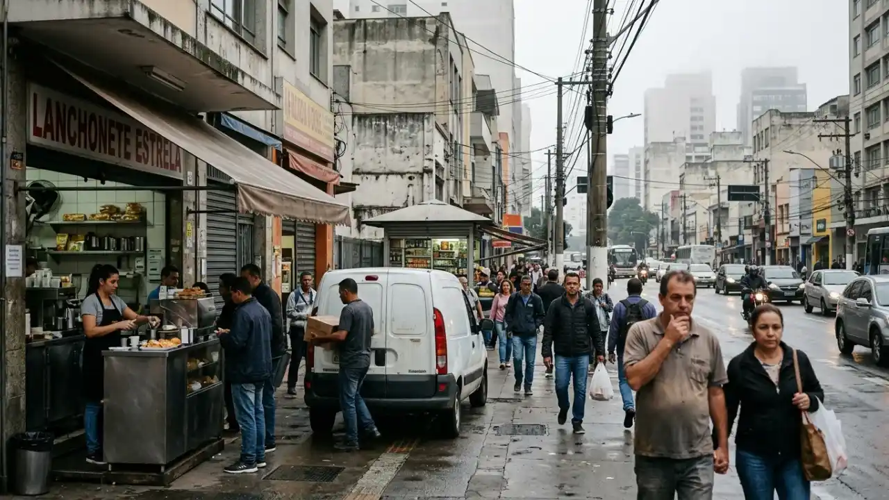 Vista ao nível dos olhos de uma movimentada calçada urbana no Brasil durante um dia nublado com asfalto úmido. À esquerda, destaca-se uma lanchonete de rua tradicional com uma placa escrita "LANCHONETE ESTRELA" em letras vermelhas; funcionários de avental preto trabalham no balcão atendendo clientes. Logo à frente, um entregador de camiseta escura descarrega caixas de papelão de uma van branca de entregas estacionada. Diversos pedestres com jaquetas e roupas casuais caminham pela calçada em ambas as direções. Ao fundo, uma avenida exibe o tráfego de carros e ônibus urbanos, cercada por edifícios residenciais e comerciais altos que se misturam à névoa ao longe.