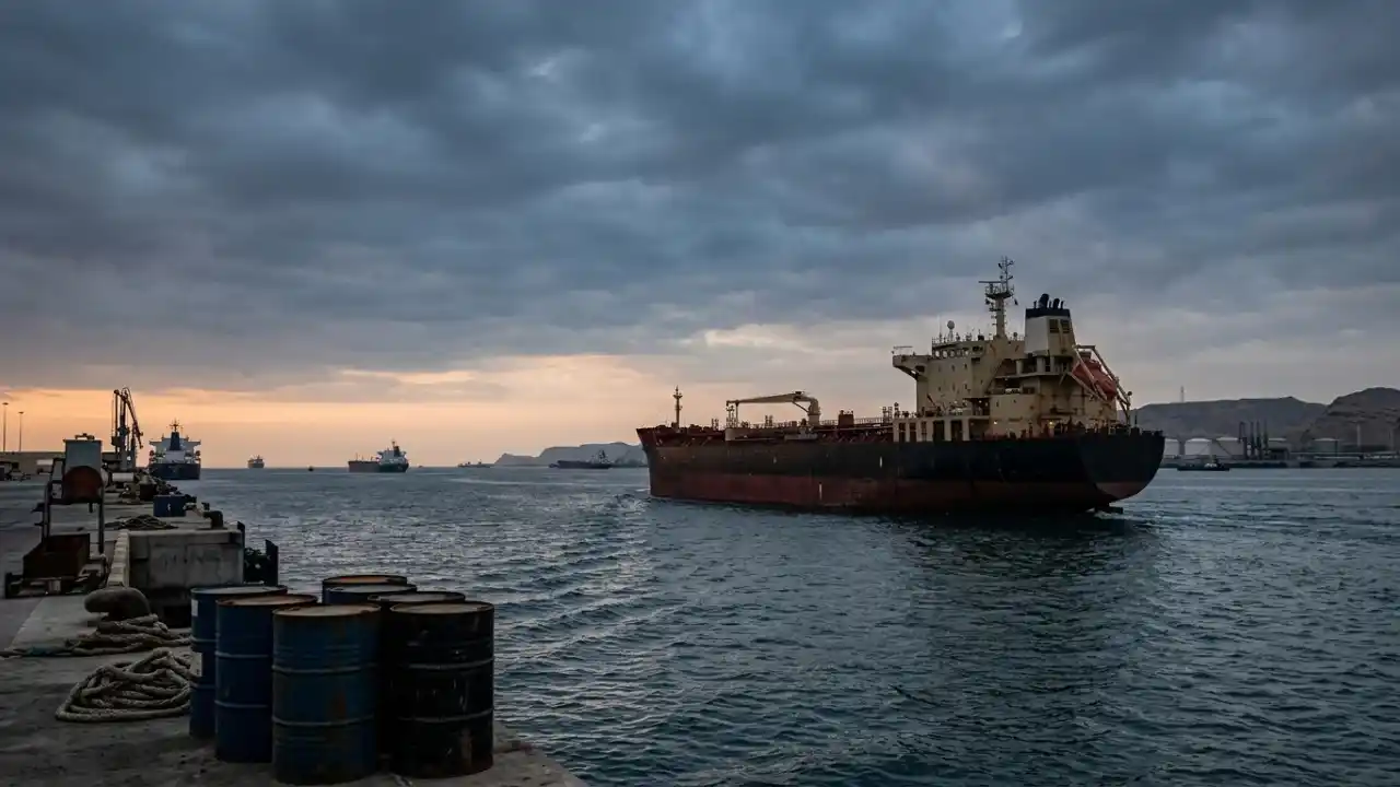 Fotografia em plano panorâmico ao entardecer de uma rota marítima de energia. Em primeiro plano à esquerda, sobre um cais de concreto, sobressaem-se seis barris de petróleo em tons pretos e azul-marinho organizados. Ao centro e à direita, um grande navio petroleiro de casco preto e vermelho navega sobre águas agitadas. Ao fundo, ao longo do horizonte, avistam-se montanhas e morros rochosos litorâneos sob um céu dramático coberto por densas nuvens cinzentas com frestas de luz alaranjada do pôr do sol. Outros navios cargueiros aparecem distantes à esquerda.