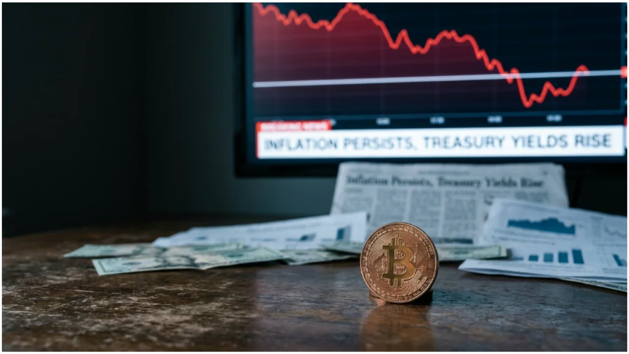 Moeda física de Bitcoin sobre mesa com cédulas de dólar e jornais, com monitor ao fundo mostrando gráfico em queda vermelha e manchete sobre inflação e Treasuries nos EUA.