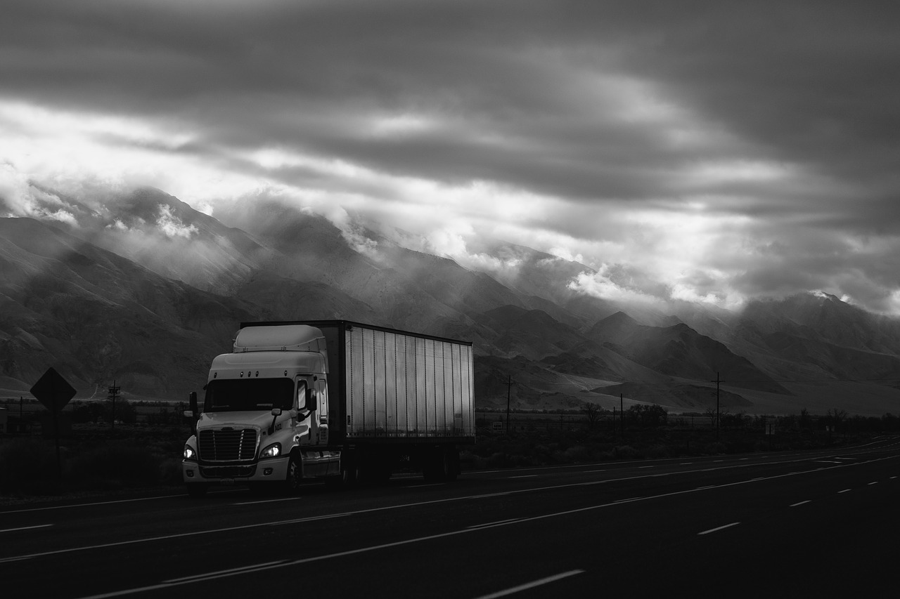 Imagem mostra um caminhão cortando a rodovia.
