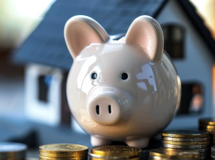 Imóveis x Renda Fixa: imagem de casa de brinquedo e cofre de porquinho