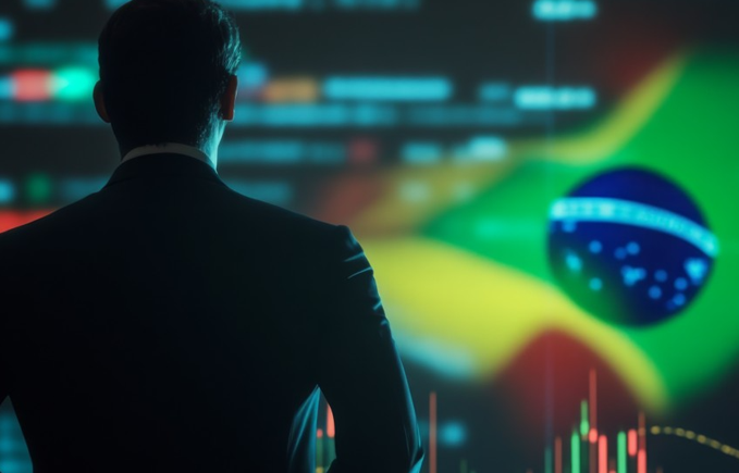 trade da eleição: homem analisa gráfico, com bandeira do Brasil ao fundo