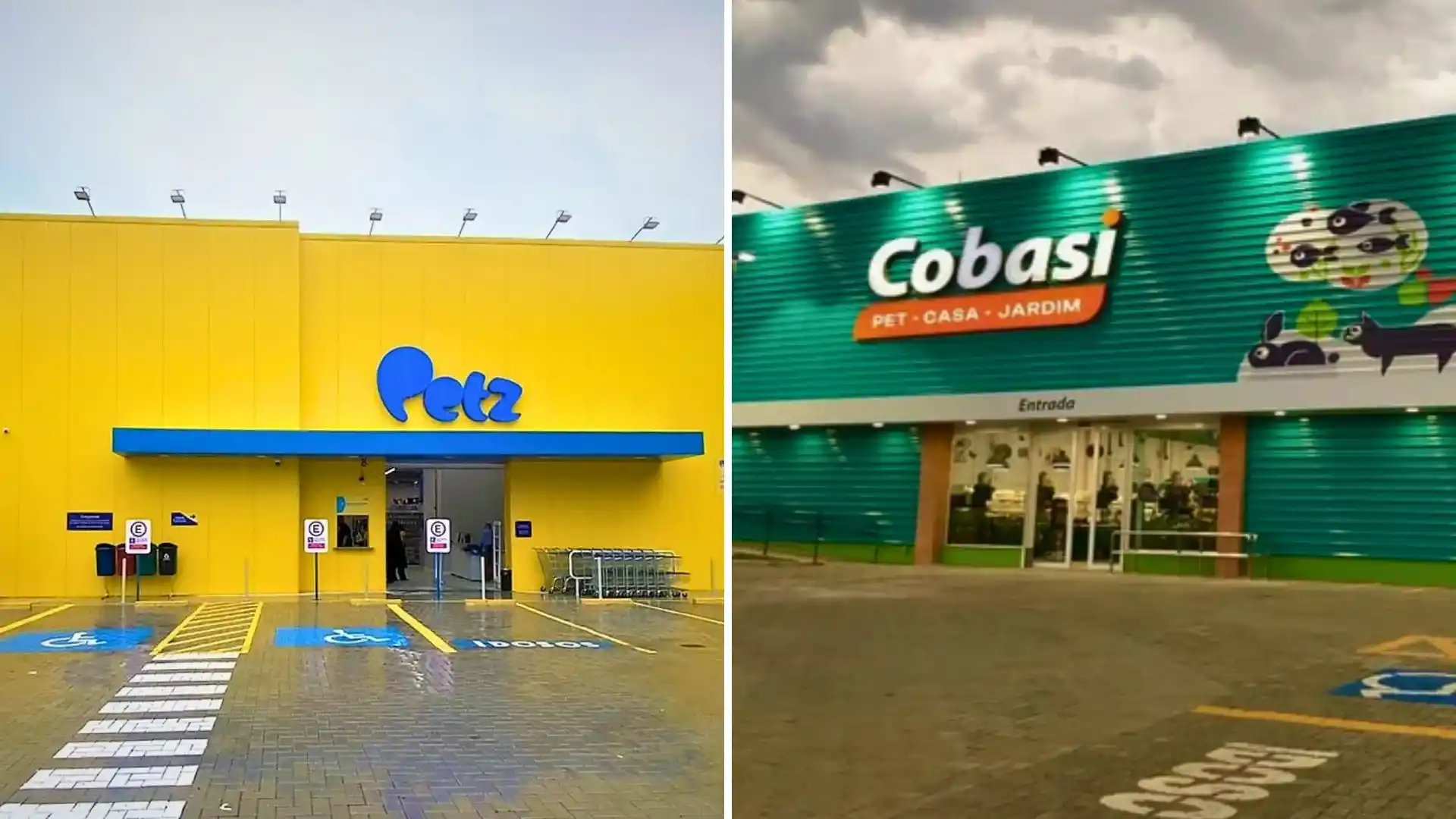 Fachadas das lojas Petz e Cobasi, representando a fusão