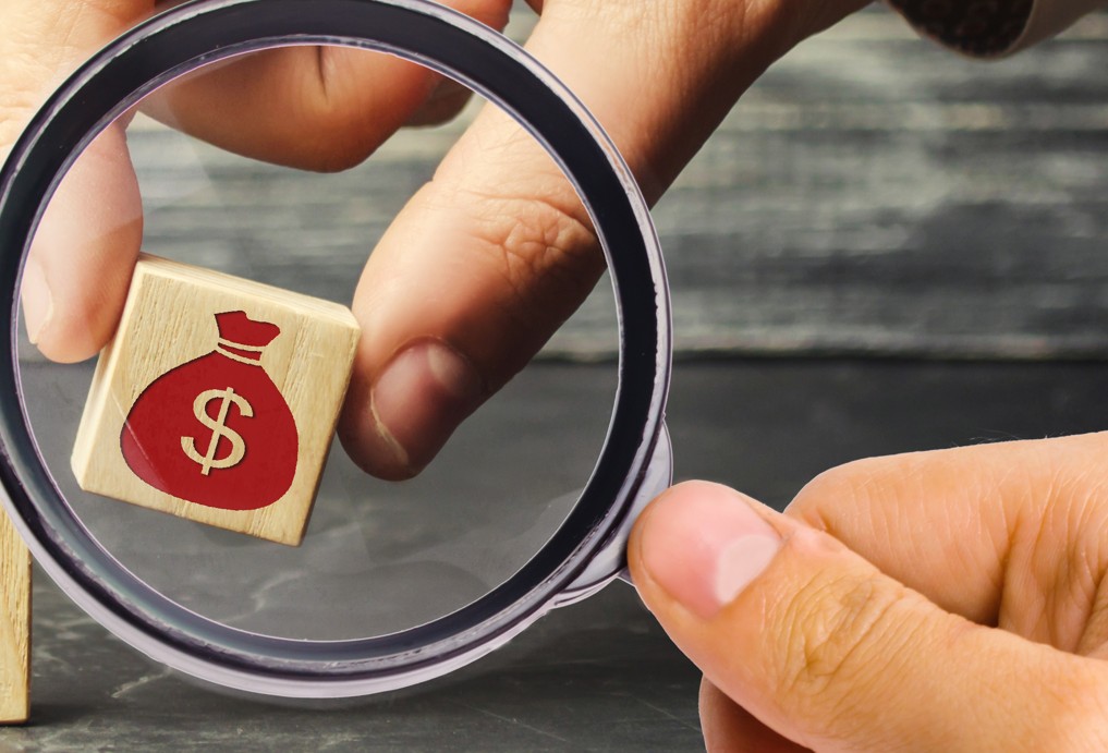 tributação dos investimentos: imagem de lupa em peça de madeira com símbolo de saco de dinheiro