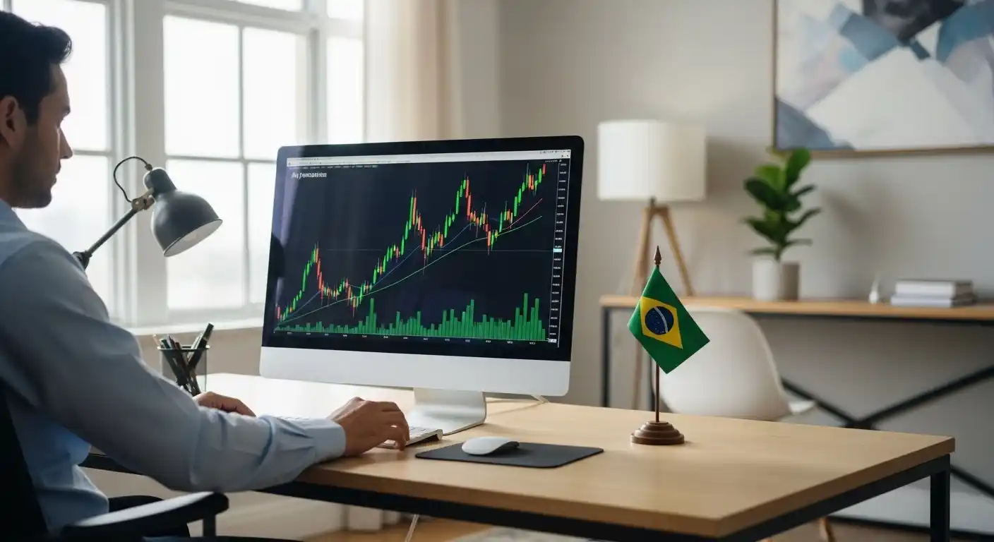 Homem analisando um gráfico financeiro (candlestick) de alta no monitor de computador, com uma bandeira do Brasil em sua mesa, representando o Ibovespa em ascensão.