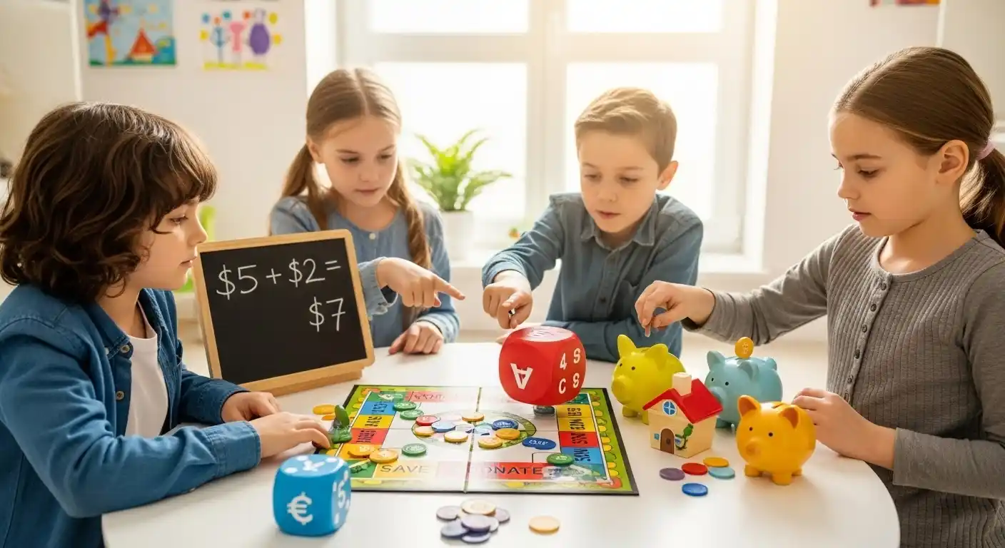 Quatro crianças em volta de um jogo de tabuleiro com porquinhos mealheiros, aprendendo educação financeira e cálculos de dinheiro.