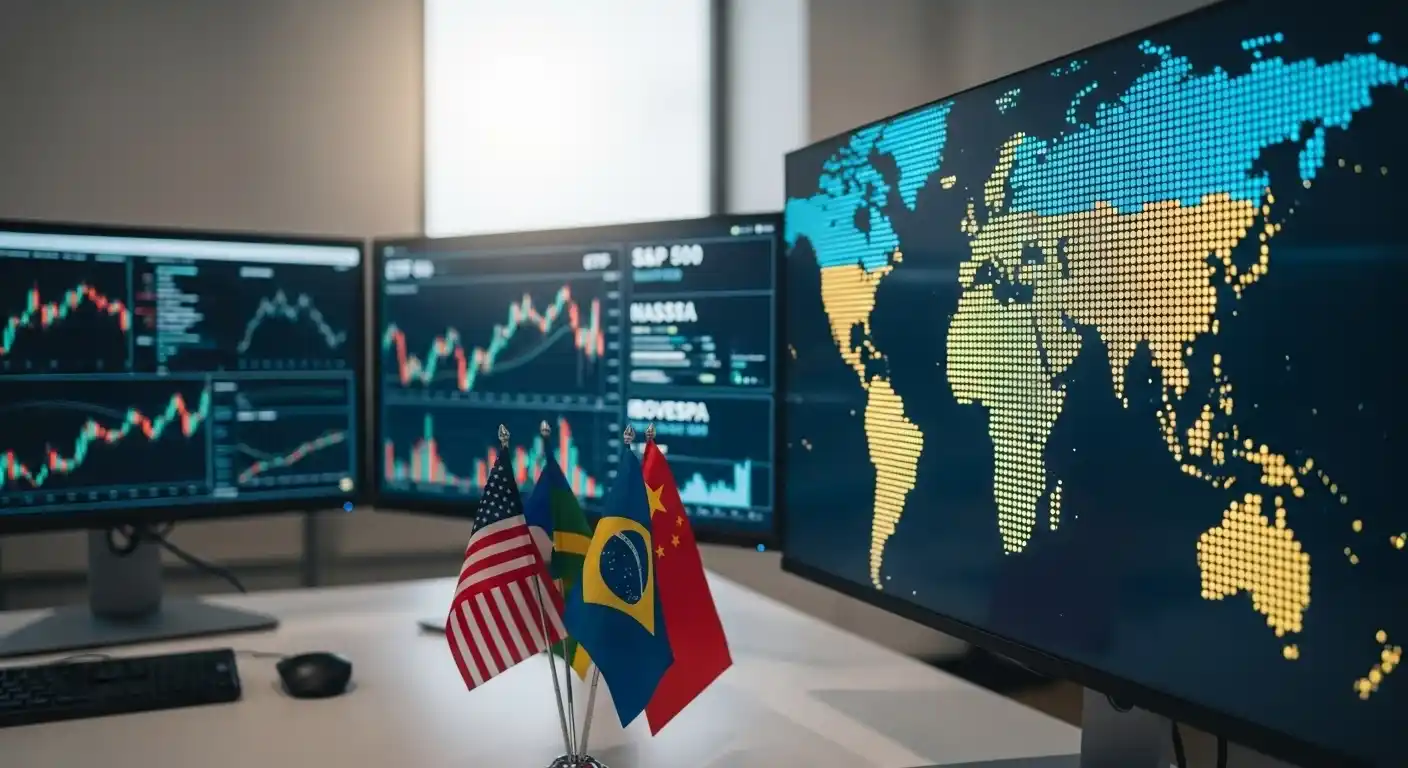 Três monitores em um setup de trading exibindo gráficos financeiros, com um mapa-múndi e pequenas bandeiras (EUA, China, Brasil) na mesa, simbolizando o investimento global.