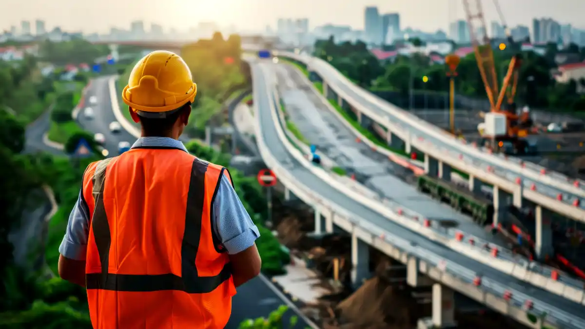Engenheiro (trabalhador) de capacete e colete laranja em um canteiro de obras, olhando para uma grande rodovia e viadutos em construção.