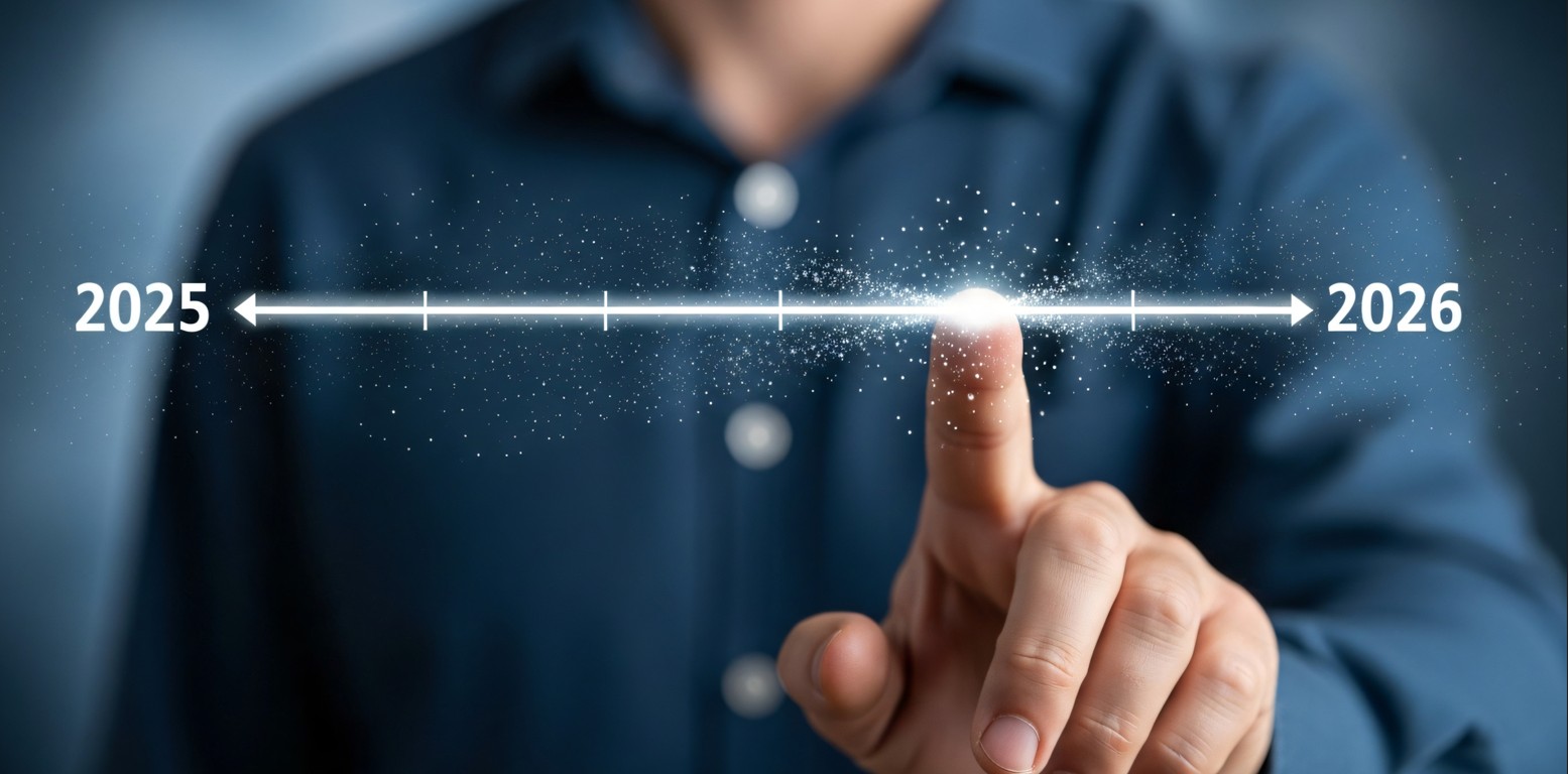 onde investir no quarto trimestre: imagem de homem apontando linha do tempo entre 2025 e 2026