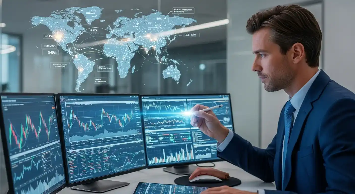 Homem em um terno, apontando para um monitor que exibe um mapa-múndi digital e gráficos de mercado, simbolizando a perspectiva do JP Morgan para 2026.