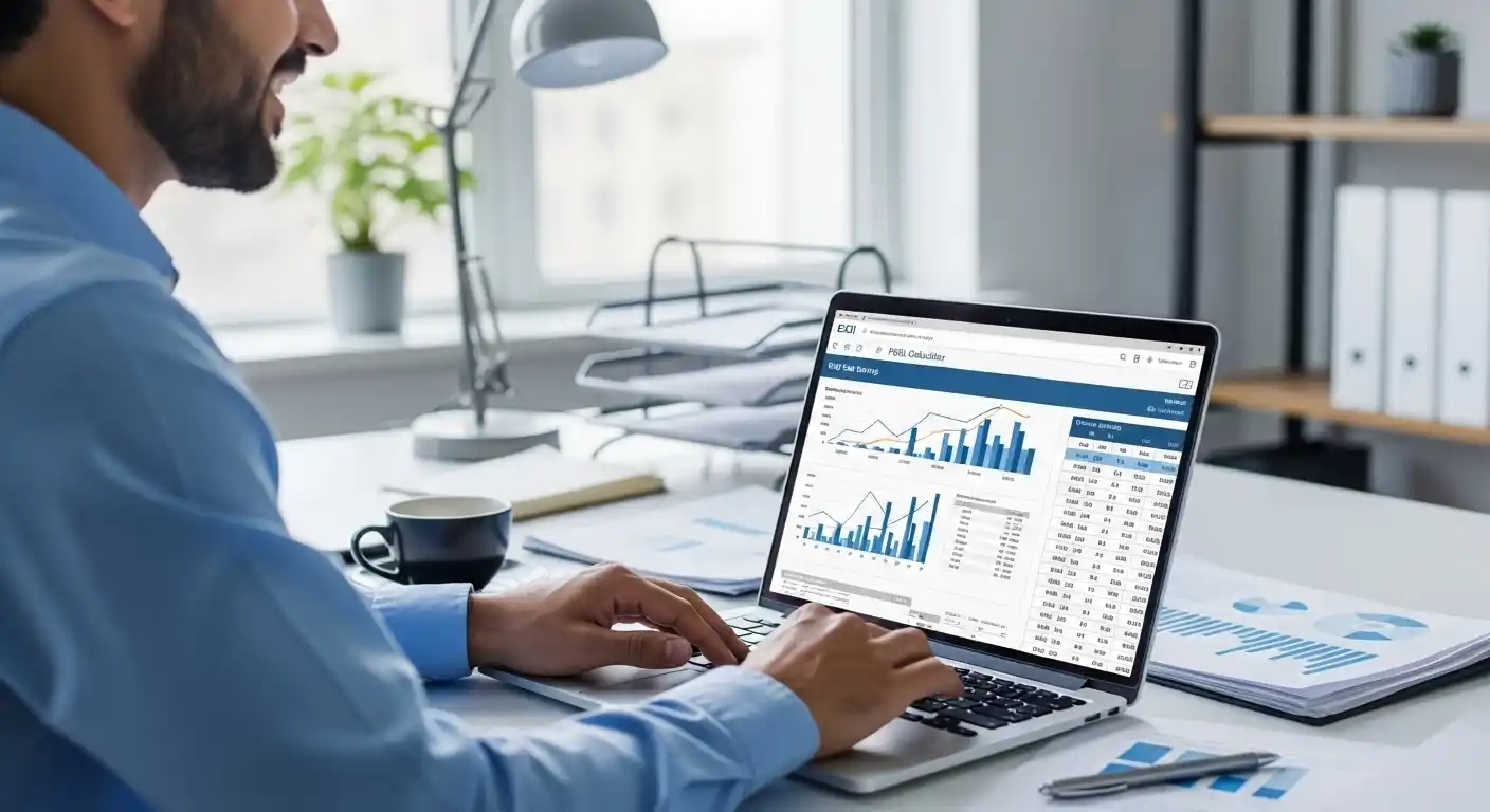 Homem sorrindo usando um laptop que exibe gráficos de crescimento e cálculos financeiros, simbolizando a economia de imposto com a Calculadora PGBL.