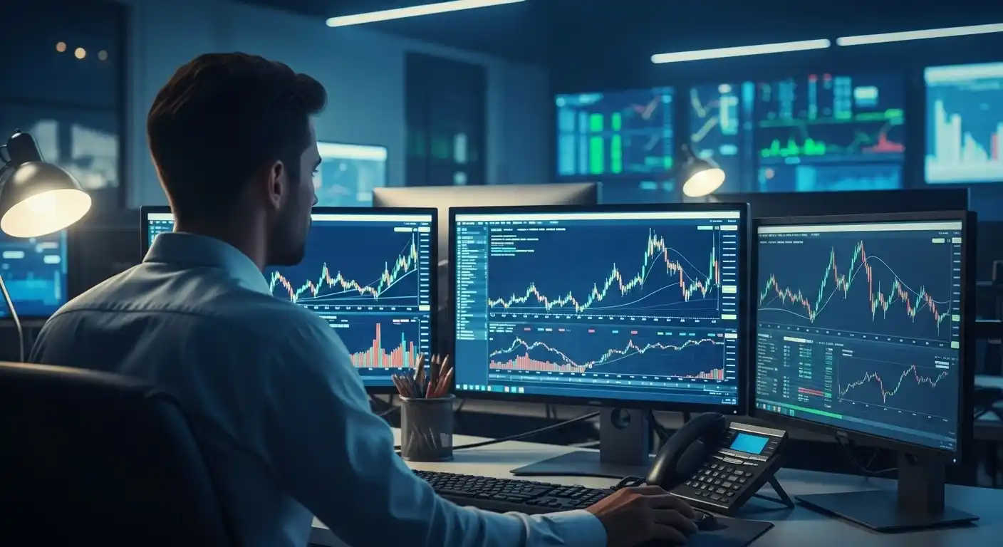 Trader em uma estação de trabalho com múltiplos monitores exibindo gráficos de cotações, representando a inteligência artificial da Carteira Quant Experience.