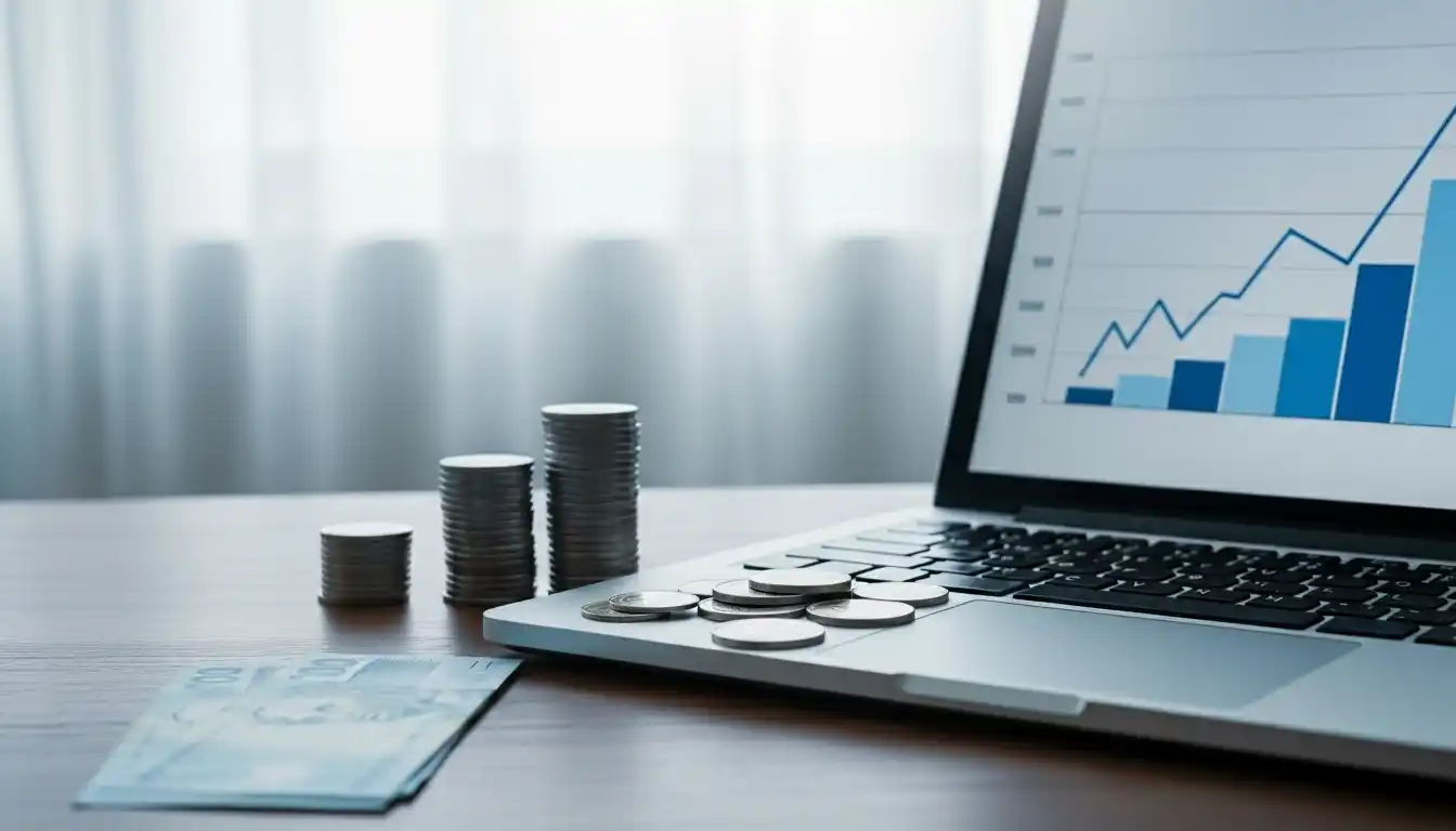 Pilhas de moedas e dinheiro ao lado de um laptop que exibe um gráfico de crescimento, ilustrando a simulação de quanto R$ 1 milhão pode render por mês.