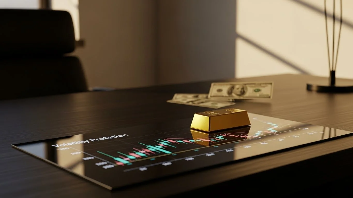 Uma barra de ouro sobre uma mesa escura com notas de dólar ao fundo e um gráfico de rentabilidade no tablet, simbolizando a Rentabilidade com ativos de proteção em períodos de incerteza.