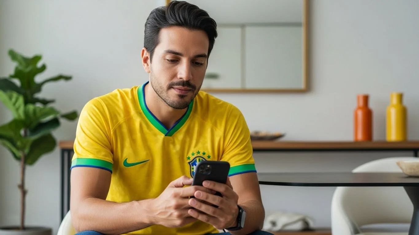 Homem vestindo a camisa da Seleção Brasileira de futebol olhando para o celular, simbolizando a Black Friday à brasileira e a mudança de foco do consumo no país.