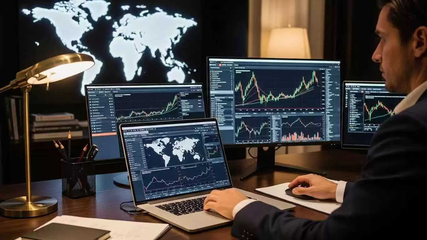 Homem trabalhando em um escritório escuro com quatro monitores e um laptop exibindo gráficos e mapas-múndi, representando o investimento em renda variável internacional para dolarização da carteira.