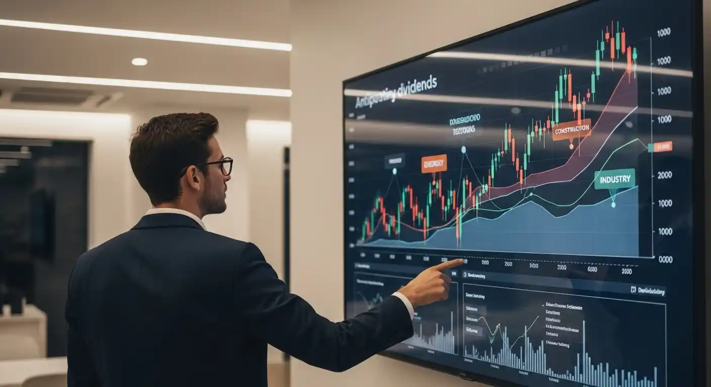 Executivo apontando para um gráfico financeiro de alta em um videowall, ilustrando as empresas que devem adiantar o pagamento de dividendos antes da Reforma Tributária.