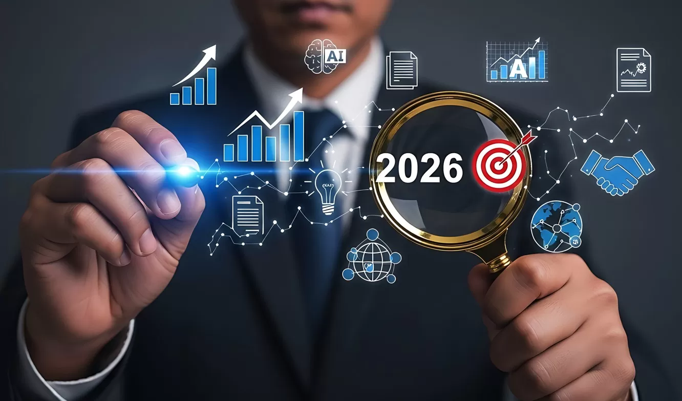 Melhores investimentos 2026: imagem de homem de gravata analisando ícones de investimentos, onde se vê escrito 2026 ao lado de um alvo