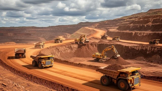 Vista de uma grande mina a céu aberto com caminhões e escavadeiras amarelas, simbolizando o rali do minério de ferro que impulsionou as ações de CSN, Vale e mineradoras.