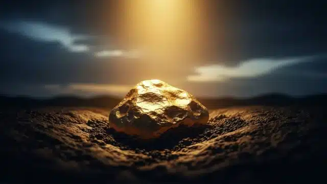 Pepita de ouro reluzente em primeiro plano, simbolizando o projeto "Era Dourada" da Aura Minerals e a análise positiva do BTG Pactual sobre a redução de riscos da companhia.