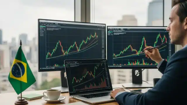 Gráfico de linha verde ascendente sobrepondo a fachada da B3 em São Paulo, simbolizando o rali do Ibovespa que renovou recordes históricos acima de 175 mil pontos em janeiro de 2026.