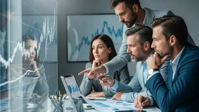 Pessoa segurando um tablet que exibe gráficos financeiros e dados de mercado, simbolizando o planejamento e a análise de investimentos para 2026.