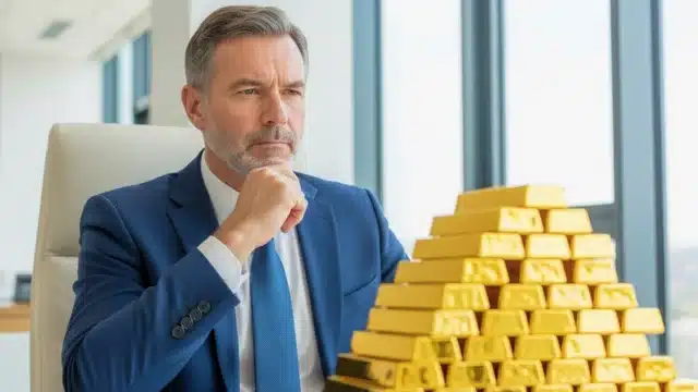 Barras de ouro empilhadas sobrepostas a um monitor com gráficos de ações em alta, ilustrando o paradoxo ouro de 2026, onde o metal e as bolsas renovam recordes simultaneamente.