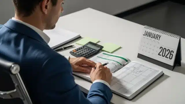 Profissional em escritório analisando planilhas com calculadora e um calendário de janeiro de 2026, representando o planejamento e a virada estratégica na renda fixa.