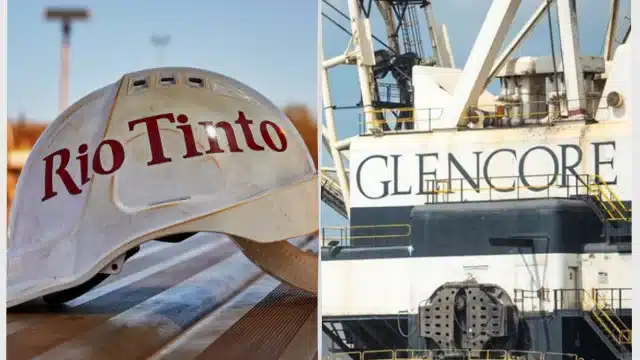 Colagem mostrando um capacete com o logotipo da Rio Tinto e máquinas industriais com a marca da Glencore, ilustrando as conversas preliminares de fusão entre as gigantes da mineração.