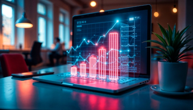 Imagem em IA mostra computador com gráfico para renda fixa