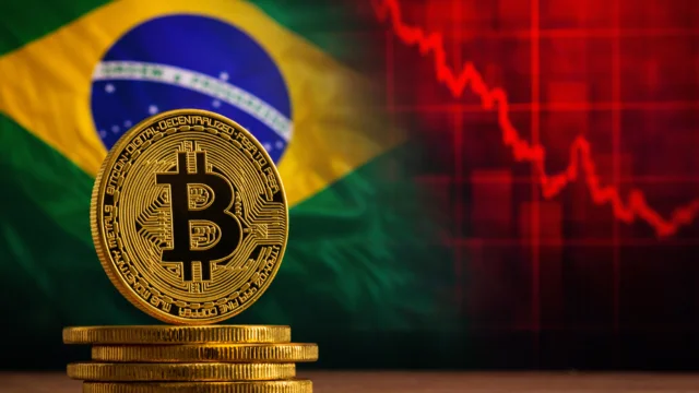 Moeda de Bitcoin em primeiro plano com a bandeira do Brasil desfocada ao fundo e um gráfico de queda (candle stick) vermelho, ilustrando o comportamento de investidores brasileiros bitcoin.