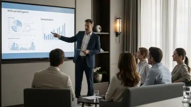 Executivo em reunião apontando para tela com gráficos de investimentos e inteligência artificial para um grupo de consultores de family offices ia.