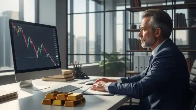 Gráfico de barras vermelhas em queda acentuada com barras de ouro derretendo ao fundo, simbolizando o colapso de 20% no preço do ouro em fevereiro de 2026.