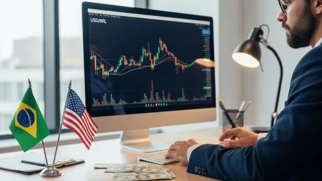 Monitor de computador exibindo um gráfico de candlestick com o par USD/BRL, com pequenas bandeiras do Brasil e dos Estados Unidos sobre a mesa de trabalho, representando a queda do dólar.
