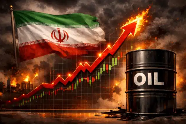 Criação de IA mostrando um barril de petróleo e uma bandeira do Irã, retratando um choque do petróleo