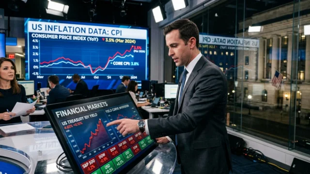 Estúdio de telejornalismo econômico com um analista apontando para uma tela touchscreen que exibe gráficos de mercados financeiros, com um grande painel ao fundo mostrando dados de inflação e o índice de preços ao consumidor, ilustrando o cpi dos eua fevereiro.