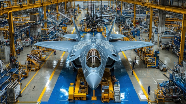 Avião militar em fábrica de empresa cujo investimento está no ETF de defesa