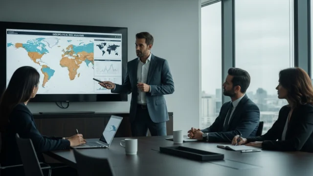 Quatro executivos em trajes formais em uma sala de reunião moderna, com um consultor em pé apontando para uma tela que exibe um mapa global e gráficos analíticos, ilustrando estratégias de proteção patrimonial.