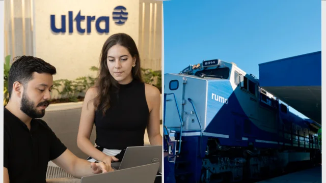 Imagem dividida ao meio: à esquerda, dois profissionais trabalham em notebooks em frente ao logotipo da Ultrapar; à direita, a parte frontal de uma locomotiva azul da Rumo em trilhos, ilustrando a relação entre Ultrapar Rumo.