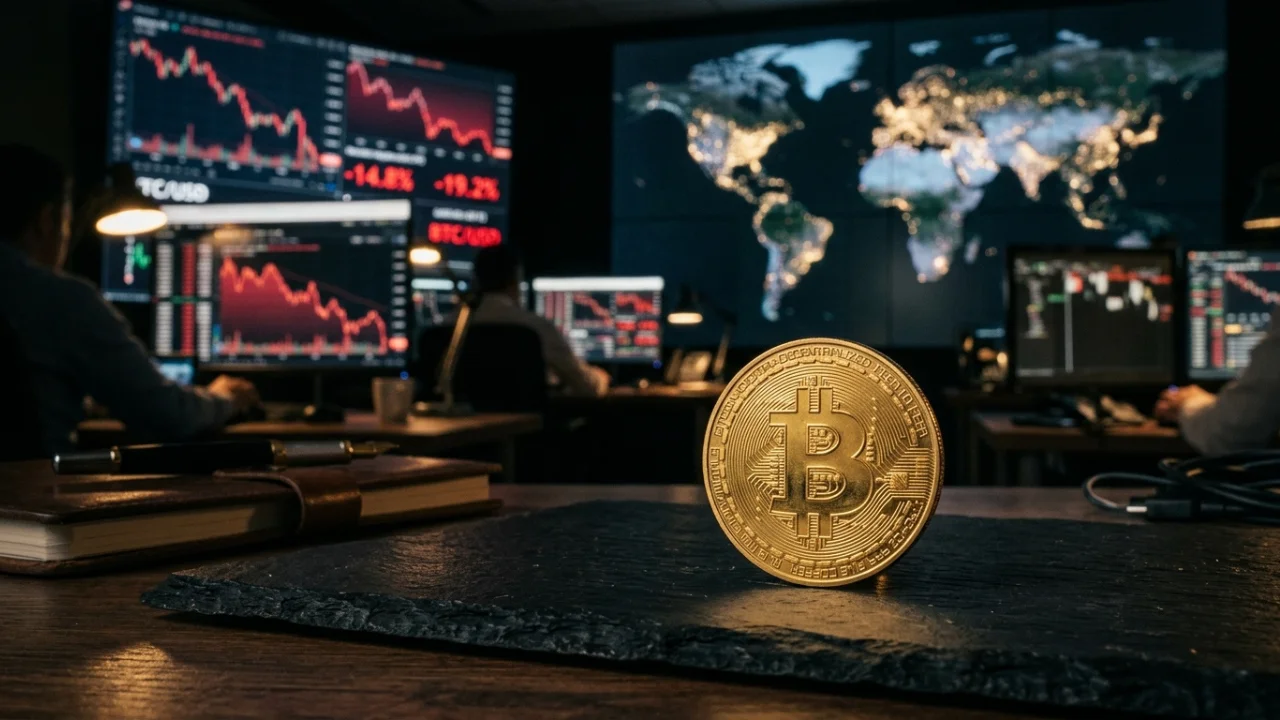 Moeda física dourada de Bitcoin em primeiro plano sobre uma mesa de mármore escuro. Ao fundo, um centro de operações financeiras com múltiplos monitores exibindo gráficos de velas (candlesticks) em queda (vermelho) e um mapa-múndi digital iluminado.