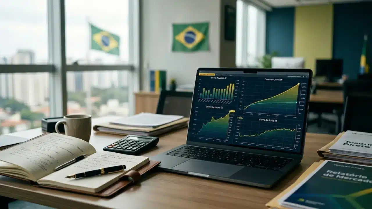 Mesa de escritório em madeira com um notebook aberto exibindo um gráfico de linha azul em ascensão sobre um fundo branco com textos técnicos. À frente do computador, há um leque de notas de Real (notas de 100, 50 e 20) e várias moedas espalhadas. À direita, uma calculadora financeira preta e um jornal dobrado. Ao fundo, janelas mostram o skyline desfocado de uma metrópole.