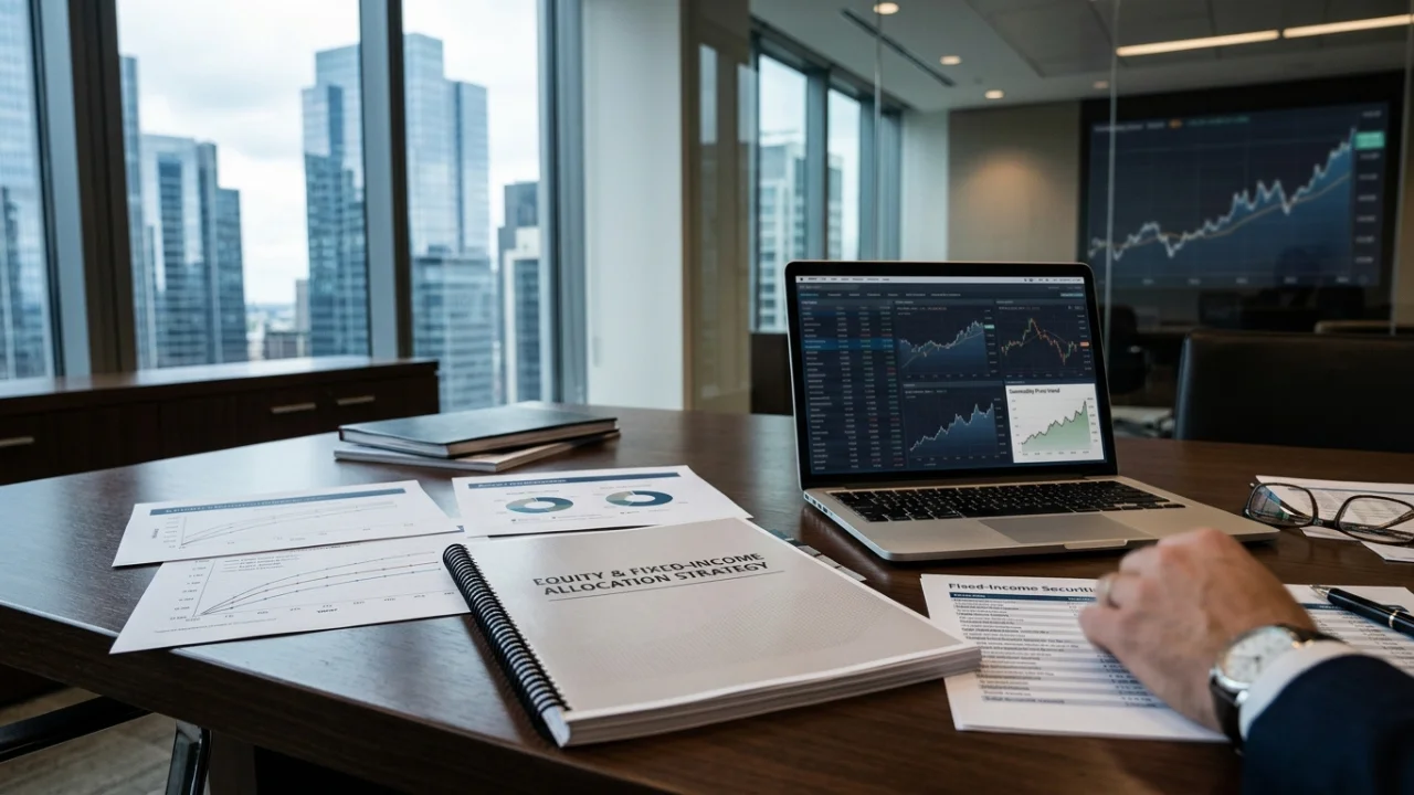 Mesa de madeira em um escritório moderno com vista para arranha-céus. Sobre a mesa, um notebook aberto exibe gráficos financeiros, acompanhado de relatórios impressos intitulados "Equity & Fixed-Income Allocation Strategy" e óculos de leitura.