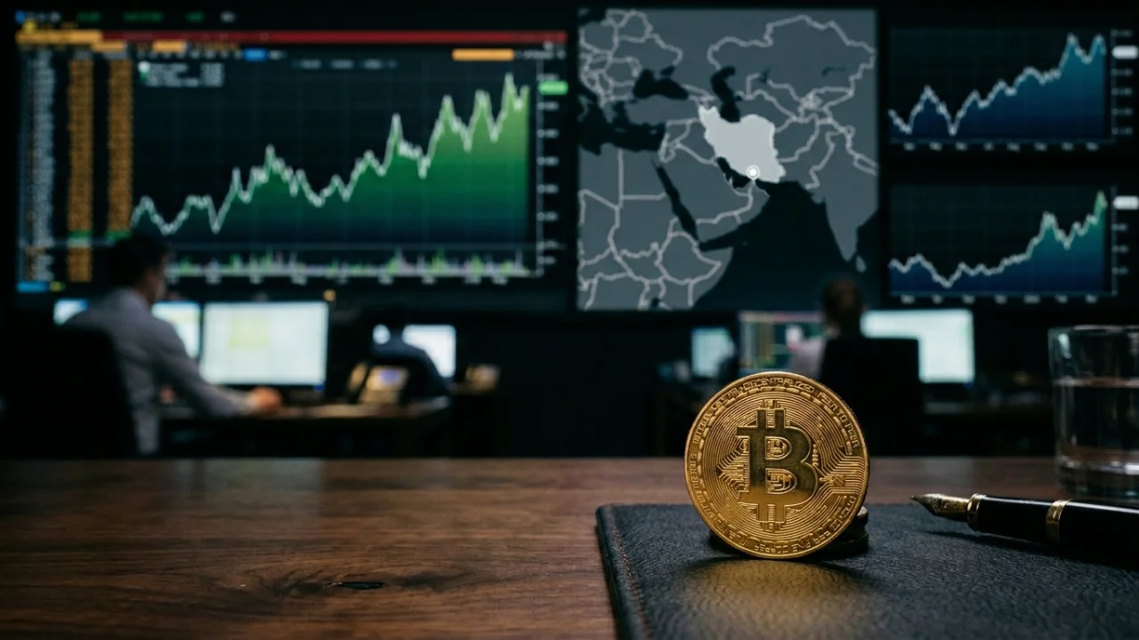 Uma moeda física dourada de Bitcoin (BTC) em destaque sobre uma pasta de couro preta em uma mesa de escritório de madeira escura. Ao fundo desfocado, grandes telas de monitor em um ambiente de trading exibem gráficos de velas (candlesticks) verdes e vermelhos em ascensão, além de um mapa-múndi focado no Oriente Médio, destacando o Irã e o Estreito de Ormuz.