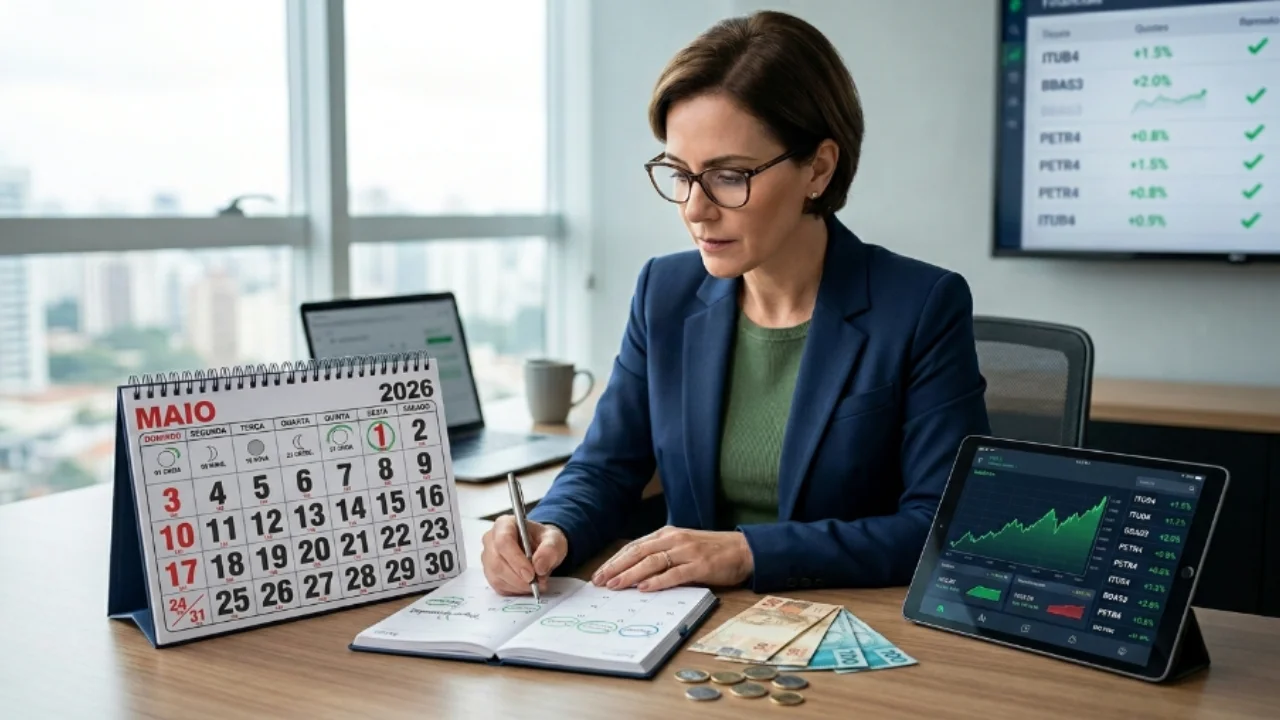 Visão aproximada de uma mão segurando uma caneta executiva sobre um calendário de mesa físico. O mês de maio está em destaque, com várias datas circuladas em vermelho. Ao lado do calendário, há um smartphone exibindo o logotipo da B3 e tickers de ações como ITAU, PETR4, KLBN11 e TAEE11. O ambiente é um escritório organizado com iluminação suave.