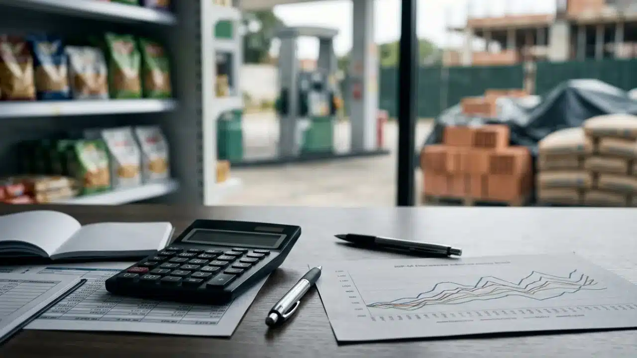 Mesa de escritório com calculadora, caneta e gráfico de linhas coloridas em primeiro plano. Ao fundo, através de uma janela, vê-se a seção de prateleiras de um supermercado, as bombas de um posto de gasolina e um canteiro de obras com tijolos e sacos de cimento, representando os componentes do IGP-M.