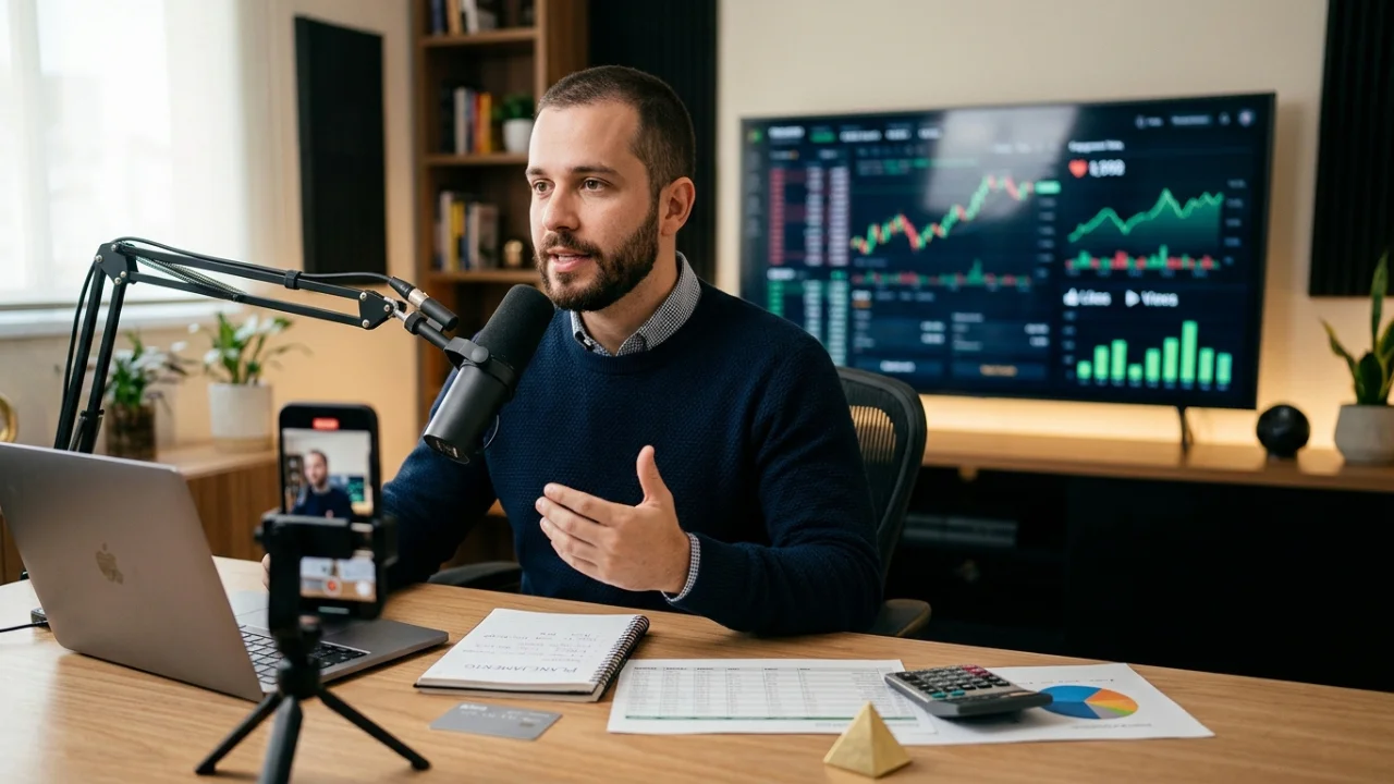 Homem jovem com barba, vestindo blusa de lã azul marinho, falando para um microfone profissional de podcast em um estúdio doméstico. À sua frente, um notebook, um smartphone em um tripé gravando o vídeo, um caderno de anotações, calculadora e gráficos impressos. Ao fundo, uma grande televisão exibe gráficos financeiros detalhados com indicadores de engajamento (likes e views) e velas de mercado.